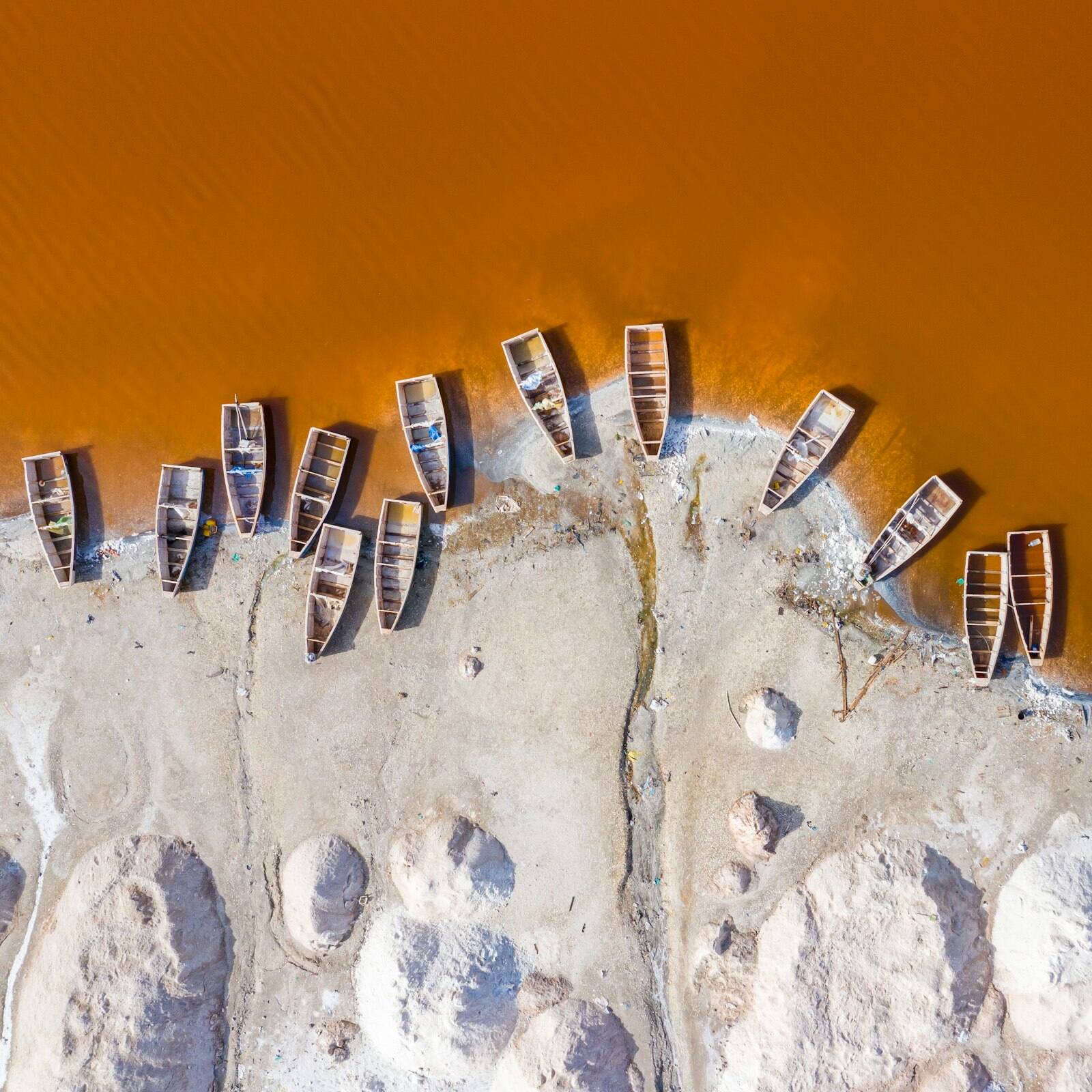 Aerial view of the pink waters of Lac Rose in Senegal